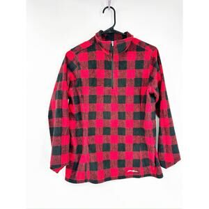 Eddie Bauer Red Black Buffalo Check Plaid Fleece Half Zip Pullover Sweater Sz M